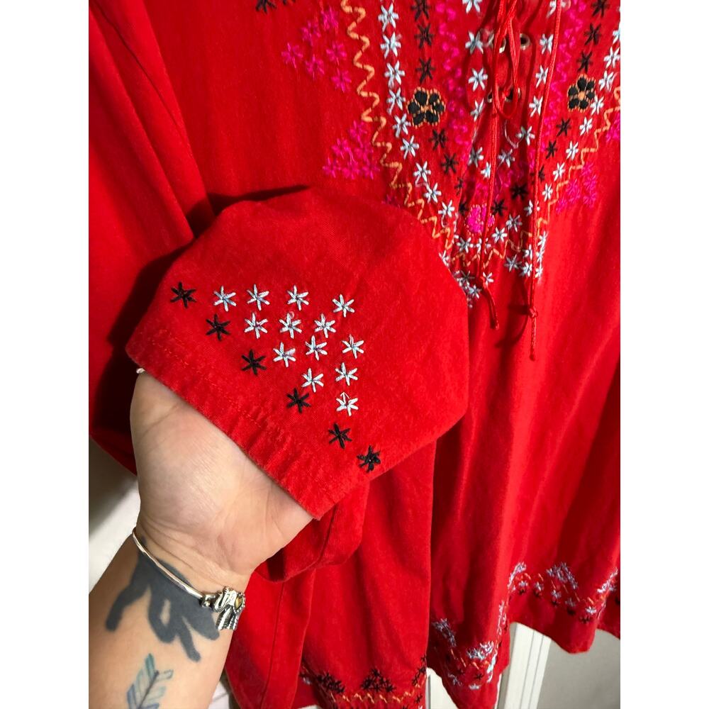Venezia Vitale Red Embroidered Cotton Boho Lace Up Tunic Top - Plus Size 3X - Picture 7 of 10